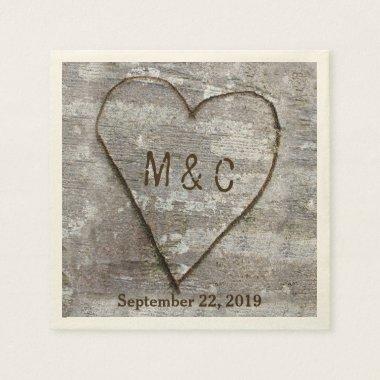 Rustic Carved Birch Heart Tree Wedding Initials Paper Napkins