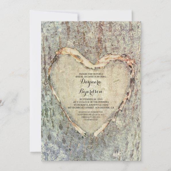 rustic carved heart tree vintage bridal shower Invitations