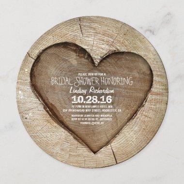 Rustic carved tree wood heart bridal shower Invitations