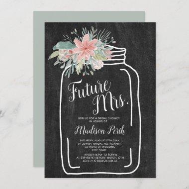 Rustic chalk floral mason jar script bridal shower Invitations