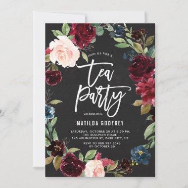 Rustic Chalkboard Autumn Floral Frame Tea Party Invitations