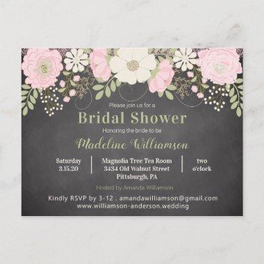 Rustic Chalkboard Blush Flowers Bridal Shower PostInvitations