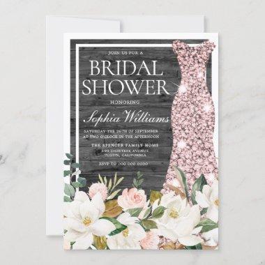 Rustic Charcoal Wood Floral Bridal Shower Dress Invitations