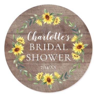 Rustic Cheerful Yellow Sunflower Bridal Shower Classic Round Sticker