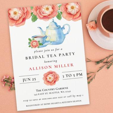 Rustic Chic Coral Floral Tea Party Bridal Shower Invitations
