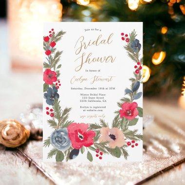 Rustic chic Winter Floral Watercolor bridal shower Invitations