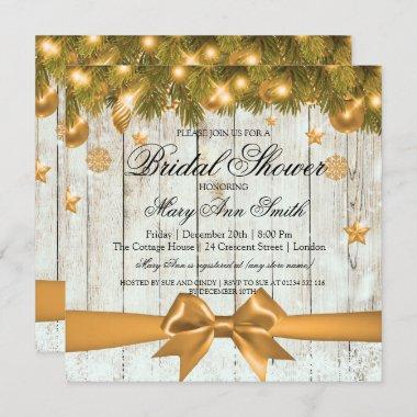 Rustic Christmas Bridal Shower Gold Deco & Ribbon Invitations