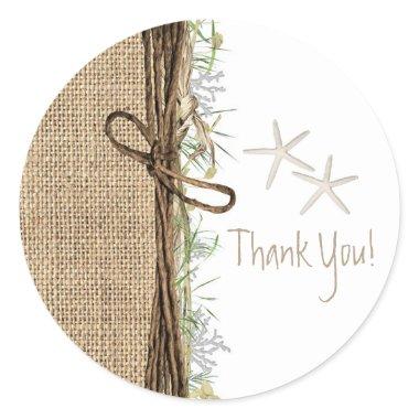 Rustic Coastal Beach Starfish Burlap & Greenery Classic Round Sticker