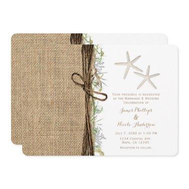 Rustic Coastal Beach Starfish Burlap & Greenery Invitations