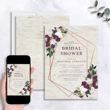 Rustic Copper Geometric Plum Floral Bridal Shower Invitations