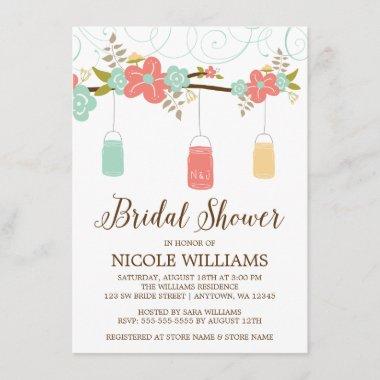 Rustic Coral Mint Mason Jar Branch Bridal Shower Invitations