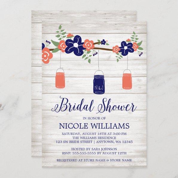 Rustic Coral Navy Mason Jar Branch Bridal Shower Invitations