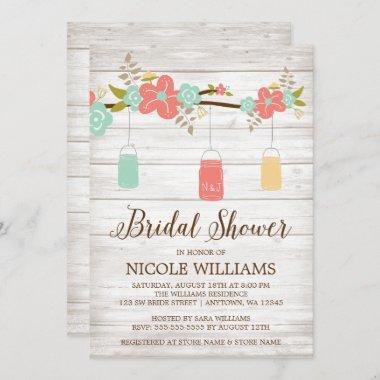 Rustic Coral Wood Mason Jar Branch Bridal Shower Invitations