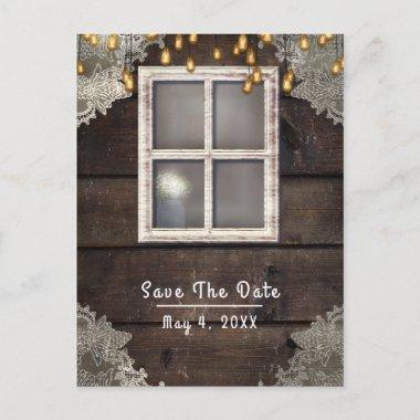 Rustic Country Barn Window Lights Save The Date Announcement PostInvitations