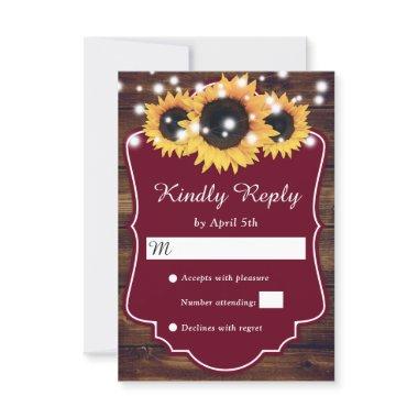 Rustic Country Burgundy Wood Sunflower Wedding RSVP Card