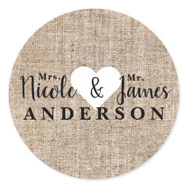 Rustic Country Burlap Personalized Wedding Favor Classic Round Sticker