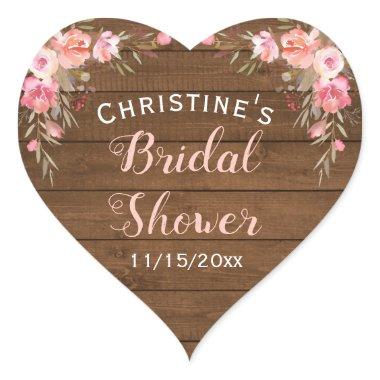 Rustic Country Chic Pink Floral Bridal Gift Favor Heart Sticker
