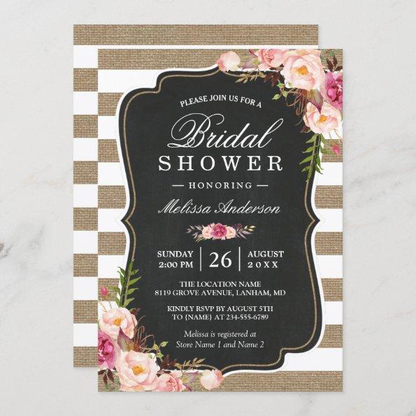 Rustic Country Floral Burlap Stripes Bridal Shower Invitations