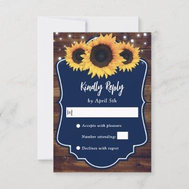 Rustic Country Navy Blue Wood Sunflower Wedding RSVP Card