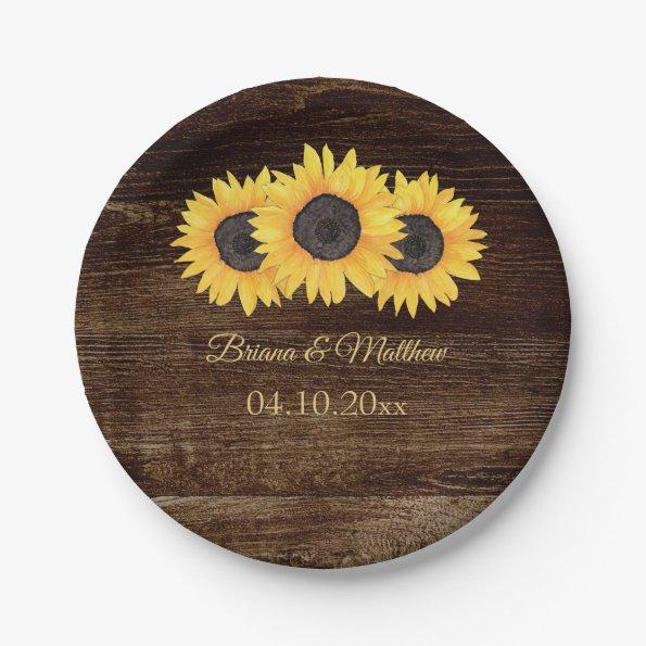 Rustic Country Sunflowers on Wood Paper Plate