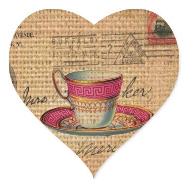 Rustic country tea party pink victorian teacup heart sticker