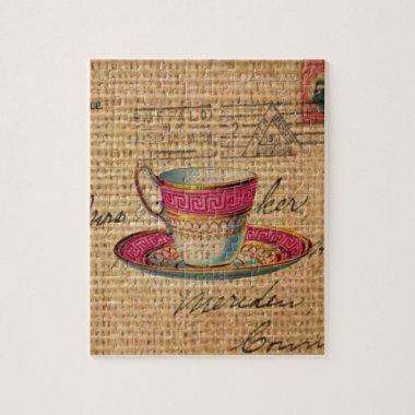 Rustic country tea party pink victorian teacup jigsaw puzzle