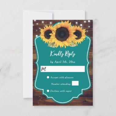 Rustic Country Teal Wood Sunflower Wedding RSVP Card