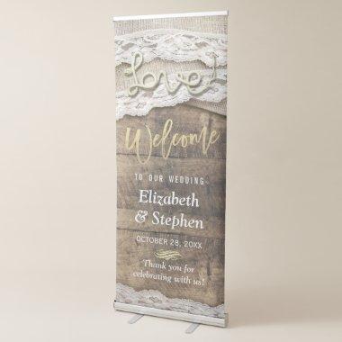 Rustic Country Wood Burlap Lace Wedding Welcome Retractable Banner