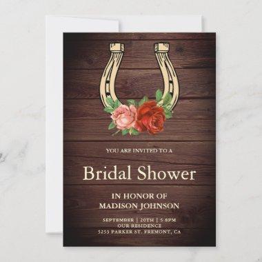Rustic Country Wood Floral Horseshoe Bridal Shower Invitations