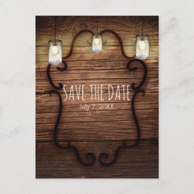 Rustic Country Wood & Lighted Mason Jars Save Date Announcement PostInvitations