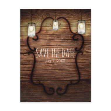 Rustic Country Wood & Lighted Mason Jars Save Date Announcement PostInvitations