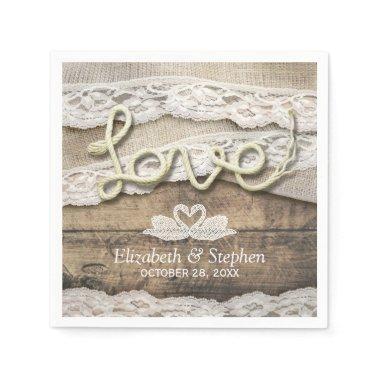 Rustic Country Wood Love Rope Burlap Lace Wedding Napkins