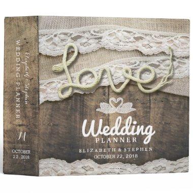 Rustic Country Wood Love Rope Lace Wedding Planner 3 Ring Binder