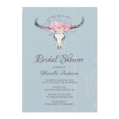 Rustic Cow Skull Boho Blush Floral B Bridal Shower Invitations