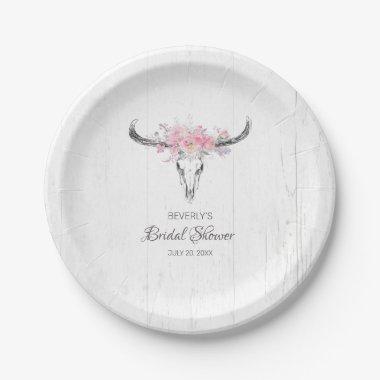 Rustic Cow Skull Boho Blush Floral Bridal Shower Paper Plates