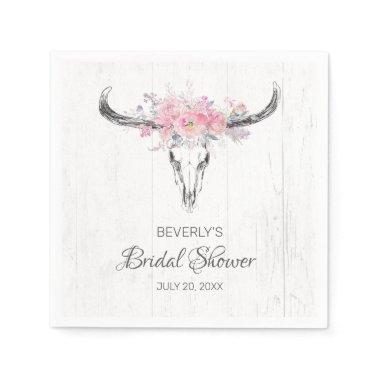 Rustic Cow Skull Boho Floral White Bridal Shower Napkins