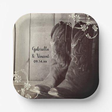Rustic Cowboy Boots Floral Western Wedding Paper Plates