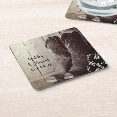 Rustic Cowboy Boots Floral Western Wedding Square Paper Coaster