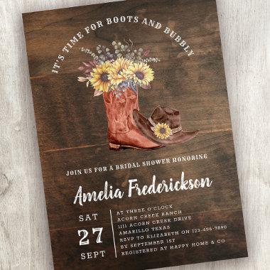 Rustic Cowgirl Boots and Bubbly Bridal Shower Invitations