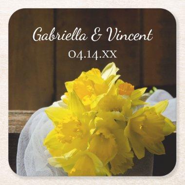 Rustic Daffodils Barn Wood Country Spring Wedding Square Paper Coaster