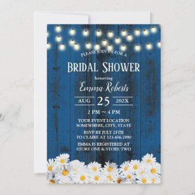 Rustic Daisy Floral Navy Barn Wood Bridal Shower Invitations