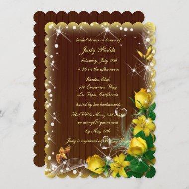 Rustic Dark Wood Yellow Floral Bridal Shower Invitations