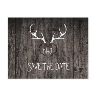 Rustic Deer Antlers & Carved Heart Save The Date Announcement Post