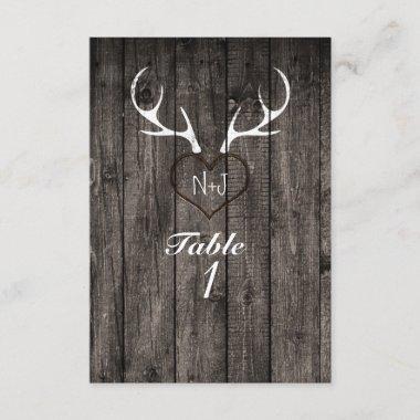 Rustic Deer Antlers & Carved Heart Table Number