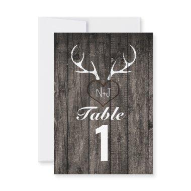 Rustic Deer Antlers & Carved Heart Table Number