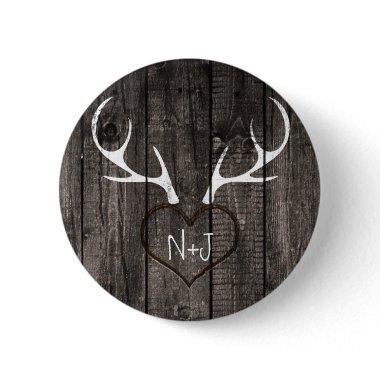 Rustic Deer Antlers & Carved Heart Wedding Button