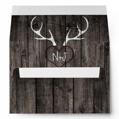Rustic Deer Antlers & Carved Heart Wedding Envelope