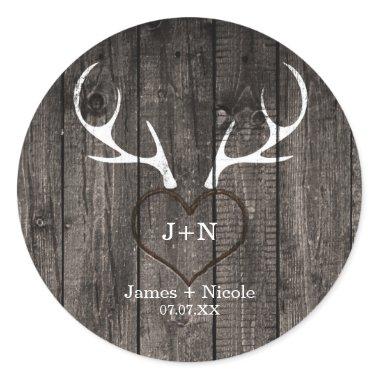 Rustic Deer Antlers & Carved Heart Wedding Favor Classic Round Sticker