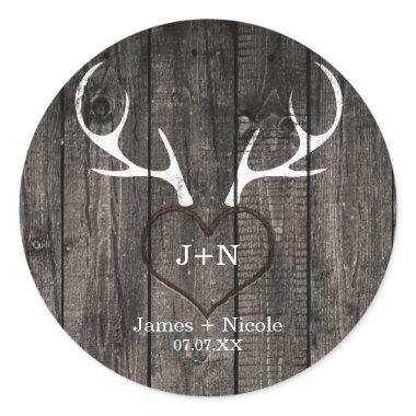 Rustic Deer Antlers & Carved Heart Wedding Favor Classic Round Sticker