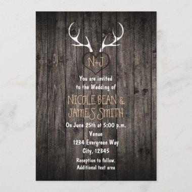 Rustic Deer Antlers & Carved Heart Wedding Invitations